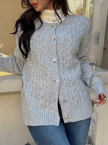 Chiquease Plain Round Neck Cable Knit Cardigan For Women