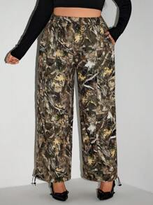 SHEIN ICON Plus Size Elastic Waist Leaf Print Cargo Pants, Camo Pants, Spring/Summer Utility Pants, Y2K Style - Multicolor - View 4