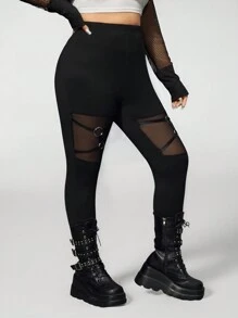 ROMWE Grunge Punk Sexy Plus Size Leggings With Hollow Out Belt Decorated Buckle Design, Gothic Punk Style, School - Black - View 3