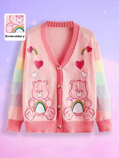 ROMWE X Care Bears Cárdigan con suéter romántico lindo de talla grande con mangas bordadas con parche de oso de colores, para la escuela