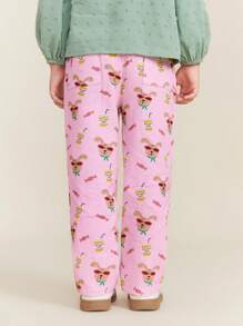 SHEIN Young Girl's Elastic Waist All-Over Print Casual Pants, Suitable For Daily Wear - Pink - View 2