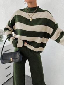 EURMUSE Women Stripe Pattern Mock Neck Pullover & Sweater Pants Set - Multicolor - View 7