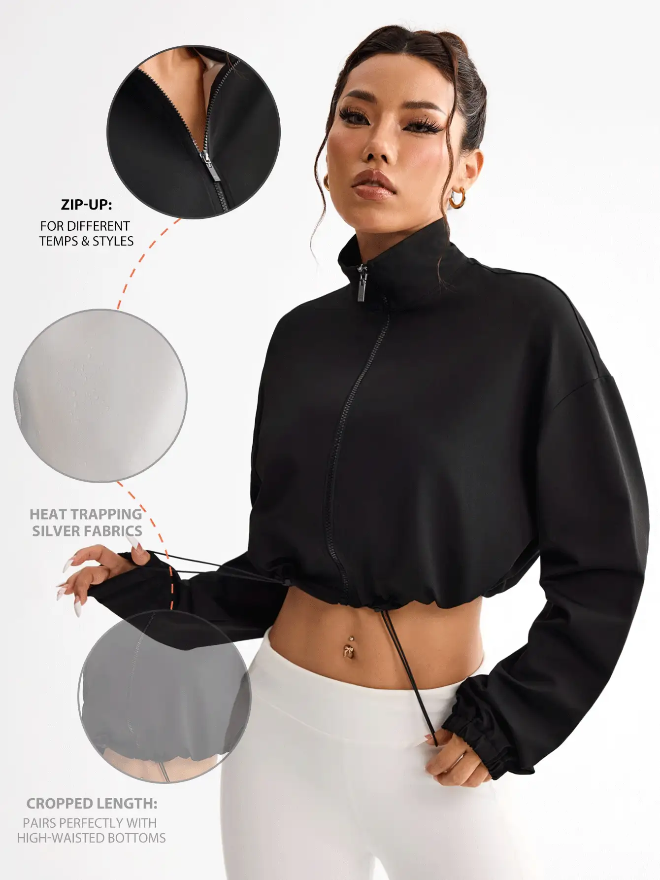 SHEIN Sports 女士纯色前拉链长袖短款运动夹克 - 黑色 - 查看 2