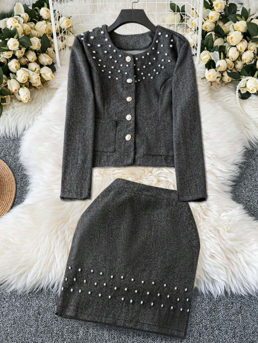 SHEIN Clasi Bộ đồ 2 món cỡ lớn cho nữ, họa tiết hoa đính hạt màu xám - Xám - Xem 1