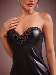 Hauture Vestido tubo de piel sintética (PU) con detalles de estampado de leopardo - Negro - Ver 4