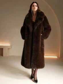 Anewsta New Autumn/Winter Fashion Faux Fox Fur Trim Long Coat, Elegant Lady Fur Collar & Cuff Fluffy Overcoat - Coffee Brown - View 7