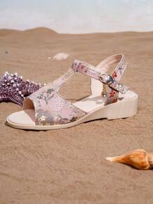 Cute Casual & Fashion Embroidered Breathable Lightweight Rope Platform Round Toe Flat Sandals For Girls