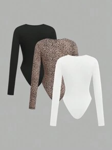 SHEIN Leap Crew Tween 女童多件装合身休闲简约舒适百搭圆领长袖豹纹连体裤 - 彩色 - 查看 2