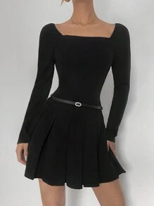 SHEIN Essnce Women Elegant Black Solid Color  Long-Sleeve Square-Neck Mini Dress Ruched Hem Long Sleeve Short Casual Dress Women Dresses Winte Vacation Outfits  Elegante New Year Party  Dress New Year Dress   Dress Long Sleeve