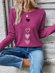 EMERY ROSE المرأة تي شيرت كاجوال بأكمام طويلة مطبوع عليه قلب، الخريف - روز أحمر - مشاهدة 4