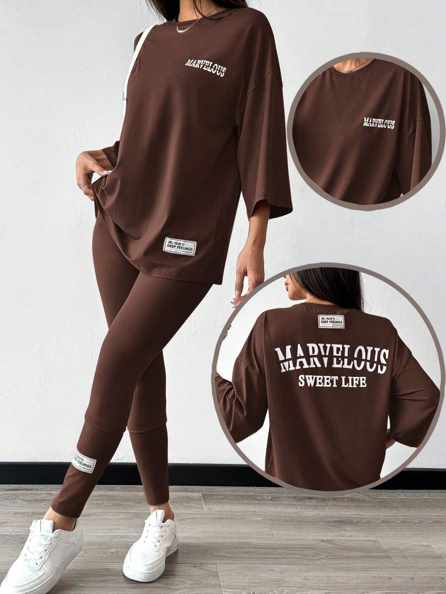 Mulvari 2pcs/Set Women Casual Letter Print Top And Leggings, Autumn