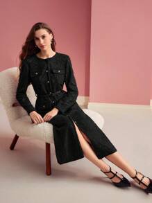 MOTF PREMIUM BUTTON FRONT THIGH SLIT MIDI DRESS, WOMEN OUTFIT - Black - View 2