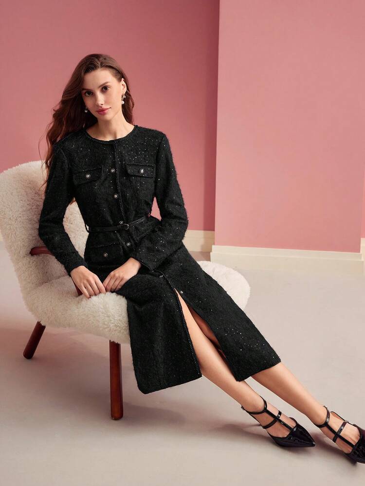 Vestido midi con abertura en el muslo y botones delanteros, conjunto de ropa para mujer