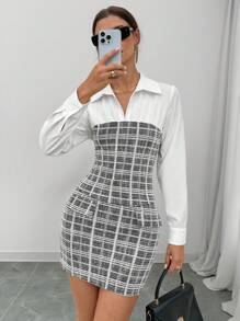 Chiquease Ensemble de 2 pièces pour femme - Chemise à carreaux retouchée à manches longues et jupe midi moulante, élégant pour l'automne - Multicolore - Voir 7