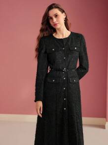 MOTF PREMIUM BUTTON FRONT THIGH SLIT MIDI DRESS, WOMEN OUTFIT - Black - View 6