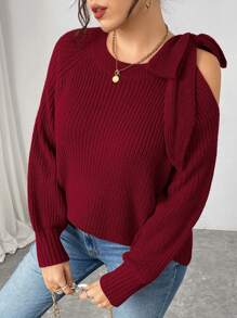 Calvaya Plus Size Solid Color Off Shoulder Bowknot Sweater, Valentine's Day & New Year