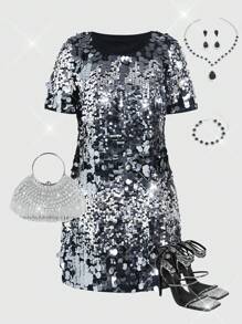 SHEIN Clasi Vestido midi de mujer con cuello redondo, manga corta, escote asimétrico y decoración con lentejuelas