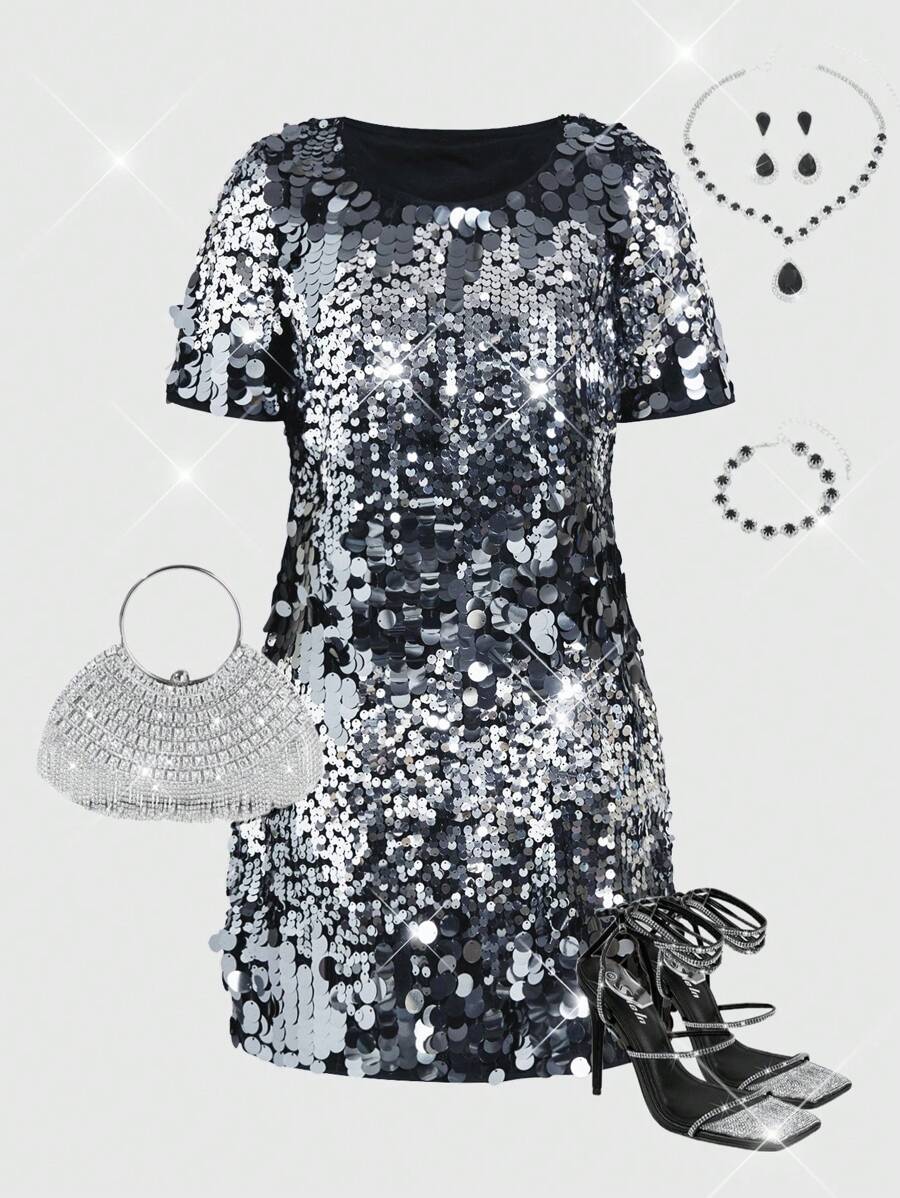 SHEIN Clasi Women's Short Sleeve Asymmetrical Sequin Decor Round Neck Midi Dress - Silver - View 1