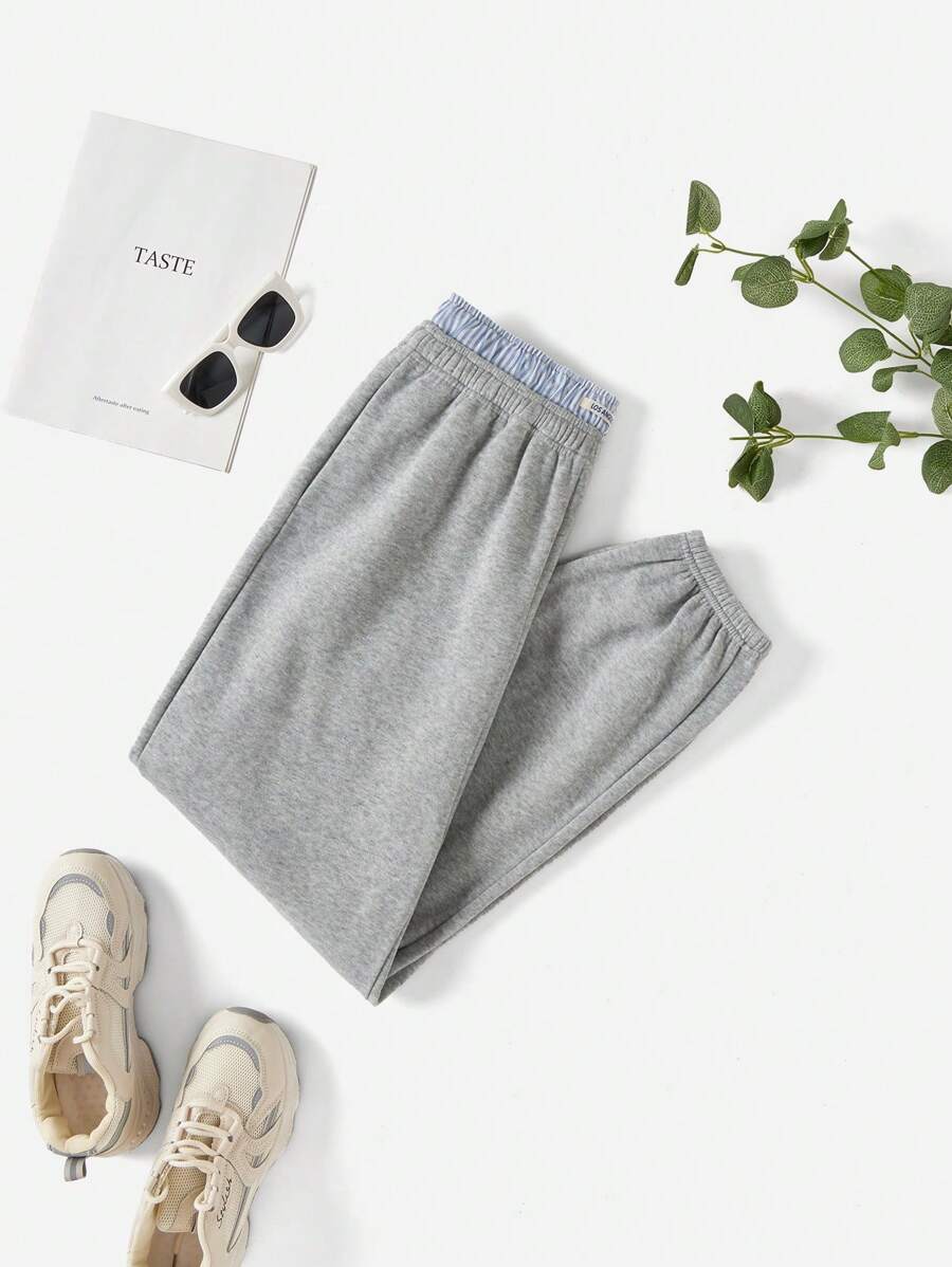 Muchica Women Double Waistband Design Drawstring Baggy Joggers Sweatpants - Grey - View 1