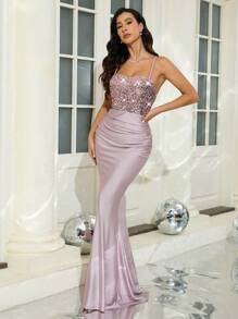 SHEIN Belle 女士优雅华丽亮片拼接系带露背缎面高腰正式吊带连衣裙、婚礼宾客礼服、派对礼服、舞会礼服 - 藕粉色 - 查看 3
