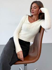 Aloruh 秋冬款 V 领套头针织毛衣，修身显瘦 - 卡其色 - 查看 5