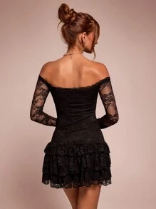 SHEIN BAE 女士露肩蕾丝荷叶边修身迷你连衣裙 - 黑色 - 查看 2