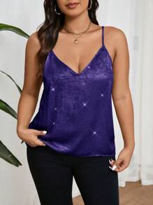 SHEIN Frenchy 大码派对分层金色 V 领露背吊带背心上衣 - 藏蓝色 - 查看 5