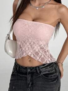 Flirla Elegant Solid Color Lace Wrap Bandeau Top - Baby Pink - View 3