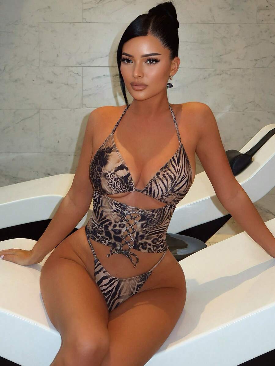 Swim SXY 女士豹纹性感吊带系带比基尼套装 夏季 - 彩色 - 查看 1