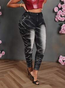 SHEIN EZwear Plus Size Black Skinny Stretch 7/8 Length Jeans - Black - View 5