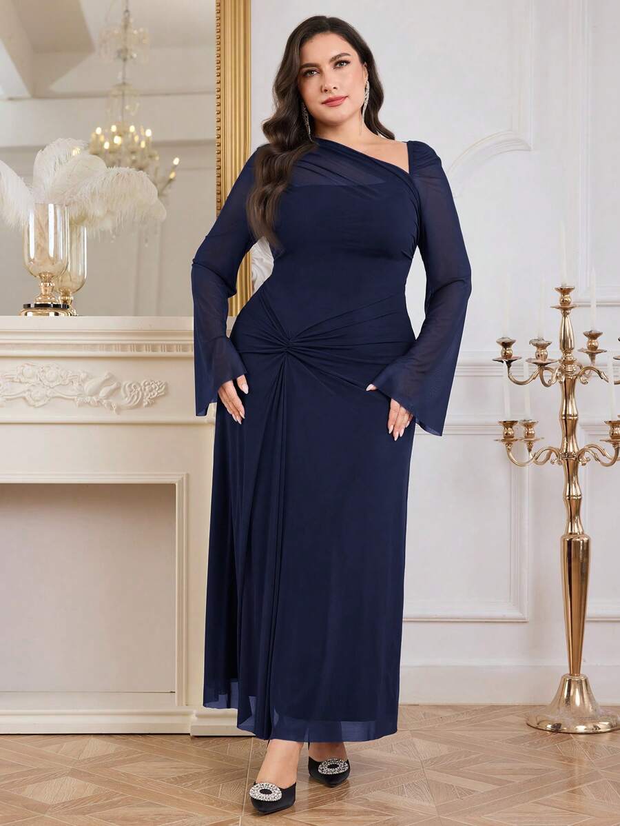 Modelyn Plus Size Plain Mesh Contrast Long Sleeve Casual Long Dress Long Evening Dresses - Navy Blue - View 1