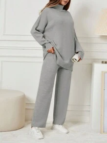 EURMUSE 女款高領落肩毛衣 2 件/套 - 灰色 - 查看 5