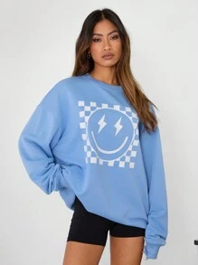 Manfinity Unisex 1pc Oversized, Loose, Drop Shoulder Crew Neck Pullover Sweatshirt, Suitable For Everyday Wear, Light Blue Going Out Crew Neck Graphic Long Sleeve Sweatshirt, For Friends, Husband, Boyfriend Gifts