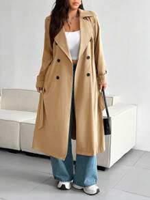 Vionelle Plus Size Fashionable Solid Color Loose Fit Trench Coat - Khaki - View 6
