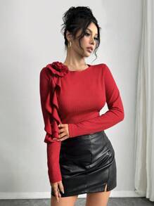 Elenzga 女士优雅长袖 T 恤，带有 3D 花卉装饰，适合派对和节日，秋冬季新年服装图案 T 恤女士春季上衣