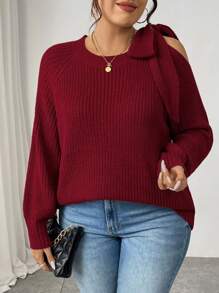Calvaya Plus Size Solid Color Off Shoulder Bowknot Sweater, Valentine's Day & New Year