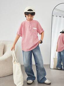 SHEIN Little Byeori 青少年男孩休閒寬鬆短袖純色針織POLO衫，立領和半拉鍊領，適合度假 - 粉色 - 查看 2