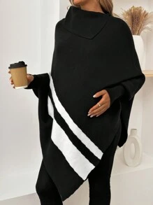 SHEIN Maternity Color Block Striped Turtleneck Batwing Sleeve Loose Knitted Sweater, For Autumn & Winter