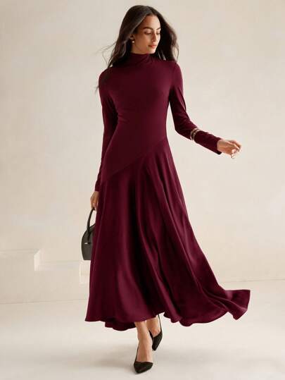 Winter Urban Elegant Knit & Woven Patchwork High Neck Long Sleeve Swing Hem Dress