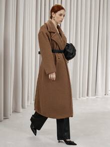 SHEIN Privé Casual Lapel Leather Belt Waisted Warm Fluffy Long Sleeve Loose Oversize Women Long Coat For Commuting  - Khaki - View 4