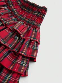 ROMWE J-Fashion 女式圣诞格子印花荷叶边下摆迷你裙 - 酒紅色 - 查看 4