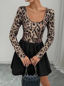 Chiquease Women's Leopard Pattern Round Neck Long Sleeve Waist Ruched Peplum Design French Style Fashion Dress, Autumn/Spring Fall Cloth For Women - Black - View 4