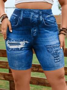 Calvaya Shorts biker con estampado efecto denim desgarro