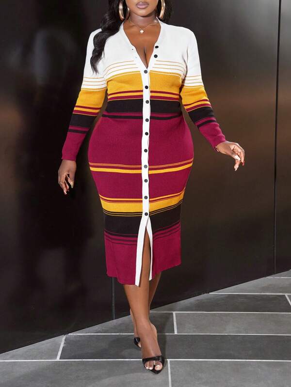Slaydiva Plus Size Women Elegant Multi-Color Striped Bodycon Knit Cardigan Sweater Dress