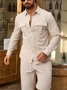 Manfinity Homme 男士休闲纯色灯芯绒长袖衬衫和裤子套装，父亲礼物，工装双口袋，休闲两件套西装 - 卡其色 - 查看 5