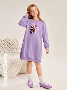 SHEIN Tween Girl' Round Neck Long Sleeve Printed Simple Casual Dress - Mauve Purple - View 6