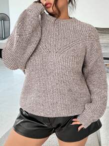 INAWLY Plus Size Casual Solid Color Drop Shoulder Sweater, Autumn/Winter Knit Pullover Fall Sweater - Apricot - View 3