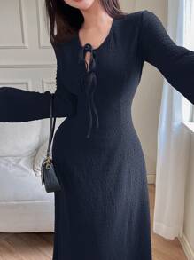 Feyla Women's Solid Color Tie Front Long Sleeve Casual Long Dress - Navy Blue - View 6