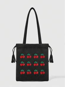 SHEIN MOD Fashion Matte Cherry Drawstring Shoulder Bag For Women - Black - View 1