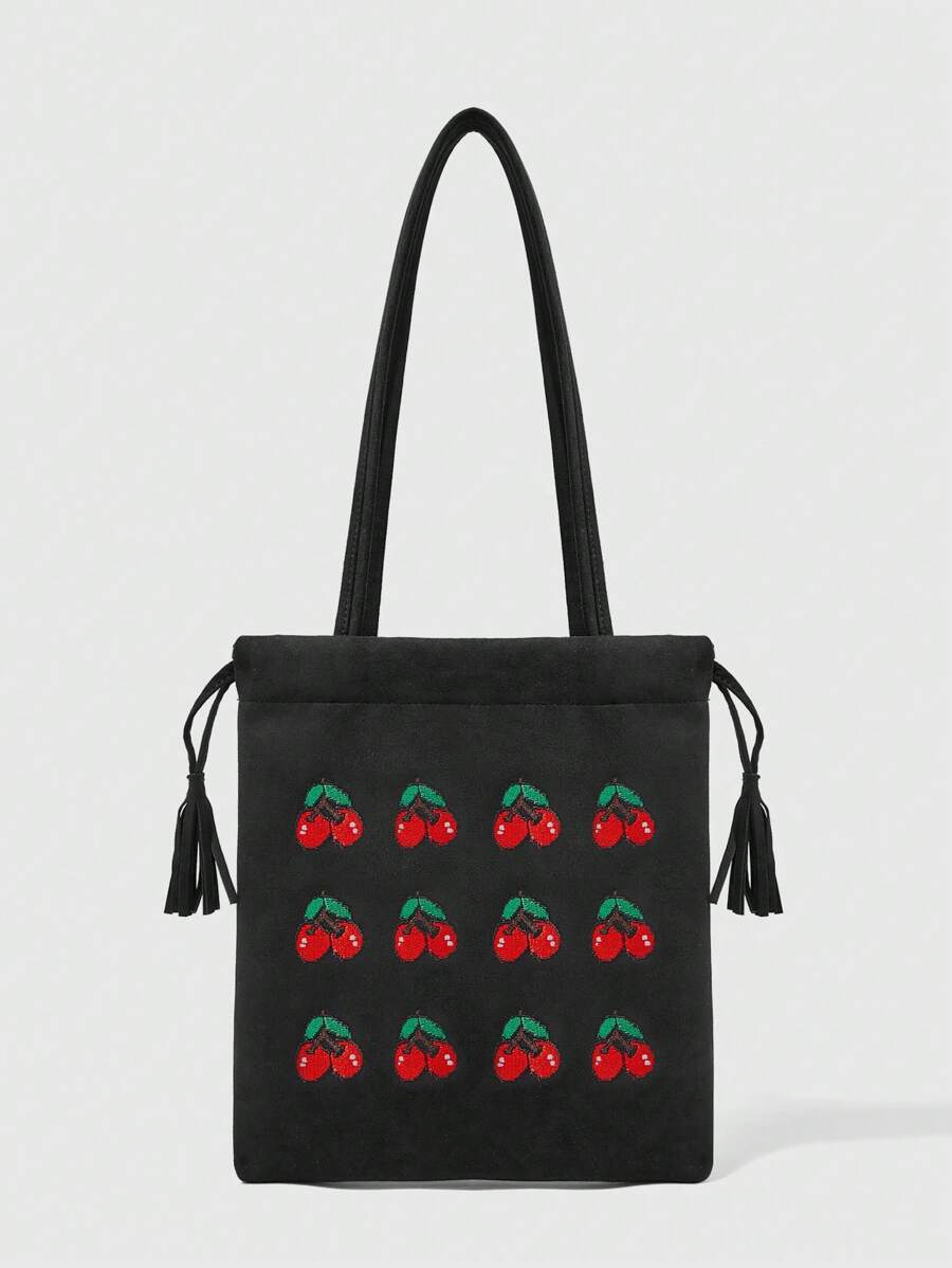 SHEIN MOD Fashion Matte Cherry Drawstring Shoulder Bag For Women - Black - View 1